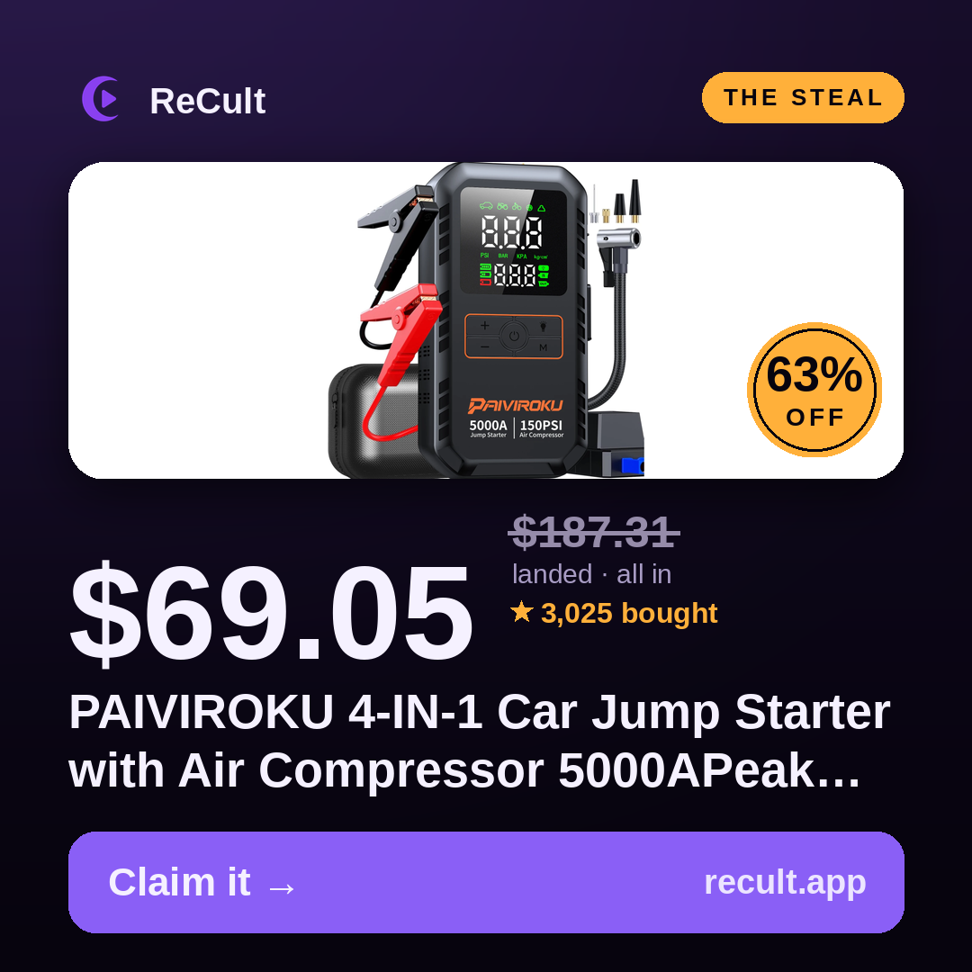 PAIVIROKU 4-IN-1 Car Jump Starter with Air Compressor 5000APeak…